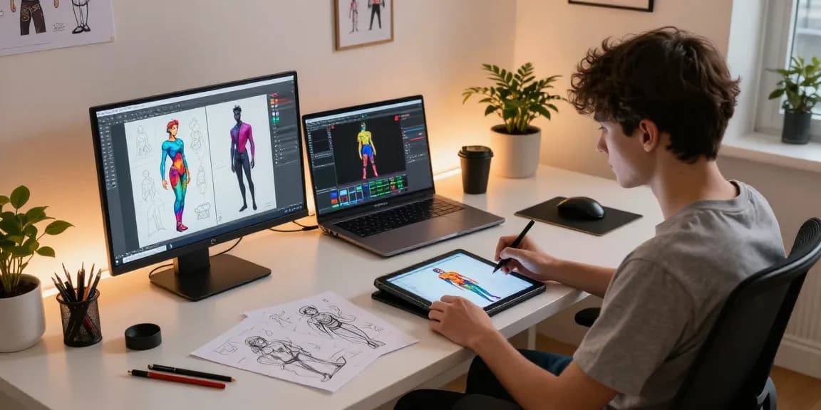 Artist designing NSFW AI characters on a tablet in a modern workspace, filled with vibrant sketches and art supplies.
