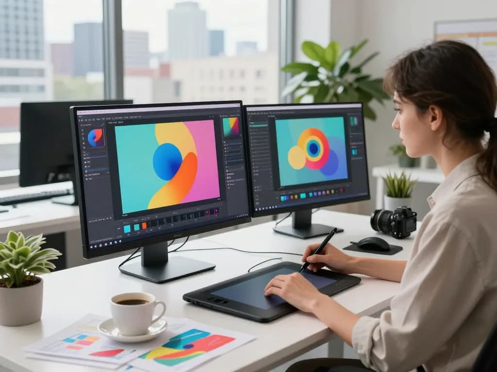 Graphic designer using nano banana AI editor in a modern workspace.