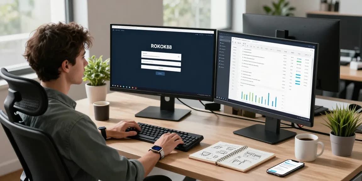 Developer accessing ROKOK88 login on dual monitors in a modern workspace