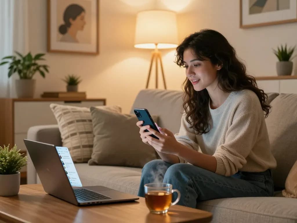 Engaging conversation with an AI girlfriend in a cozy living room setting.