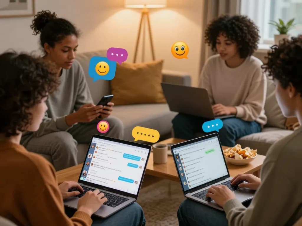 Engaging sexchat scene with diverse individuals interacting in a cozy digital space.