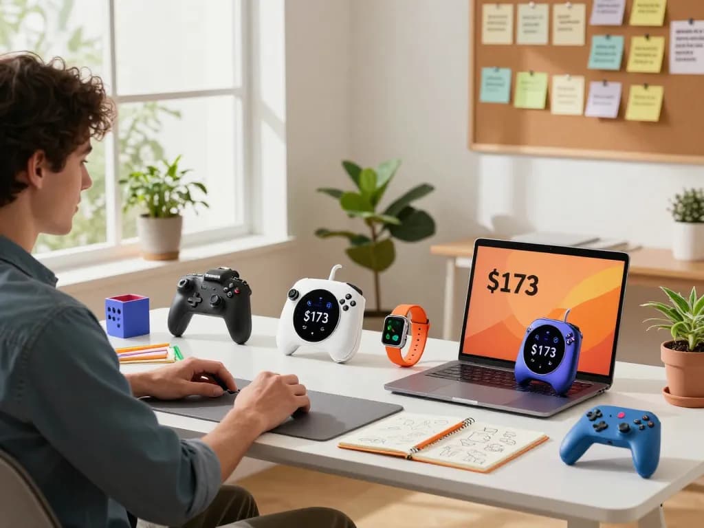 Personal workspace showcasing cool tech gadgets under $173, including Bluetooth controllers and a smartwatch, for a vibrant and productive atmosphere.