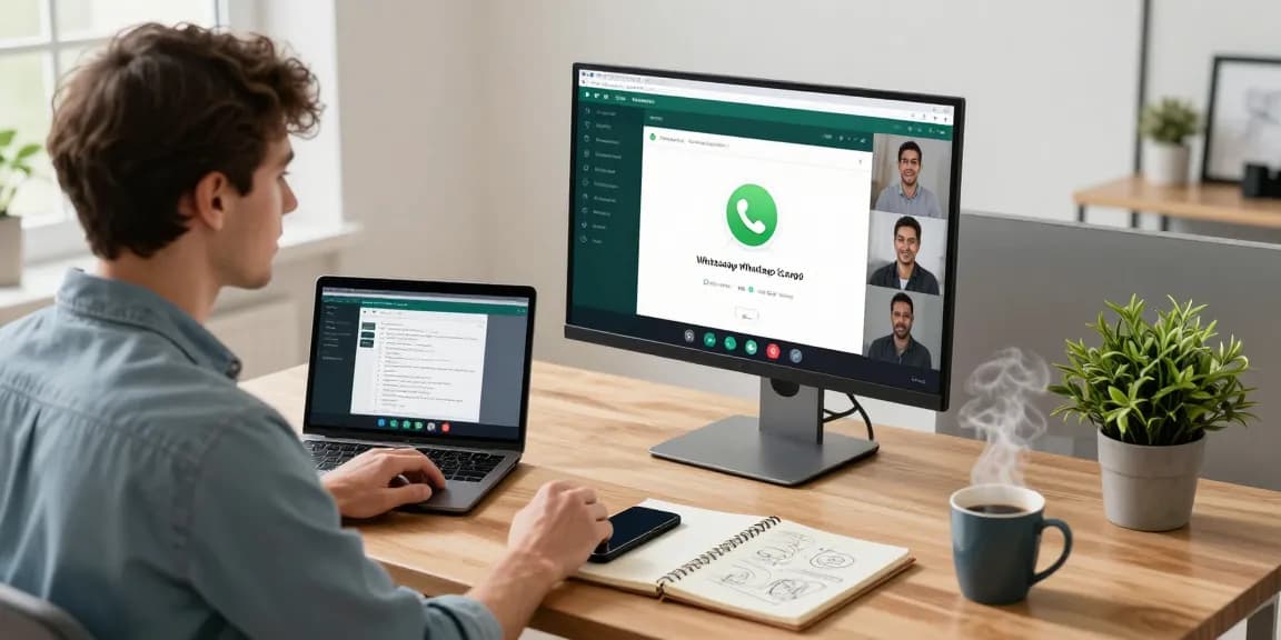 Young professional using WhatsApp電腦版 on a desktop during a virtual meeting in a modern home office setting.