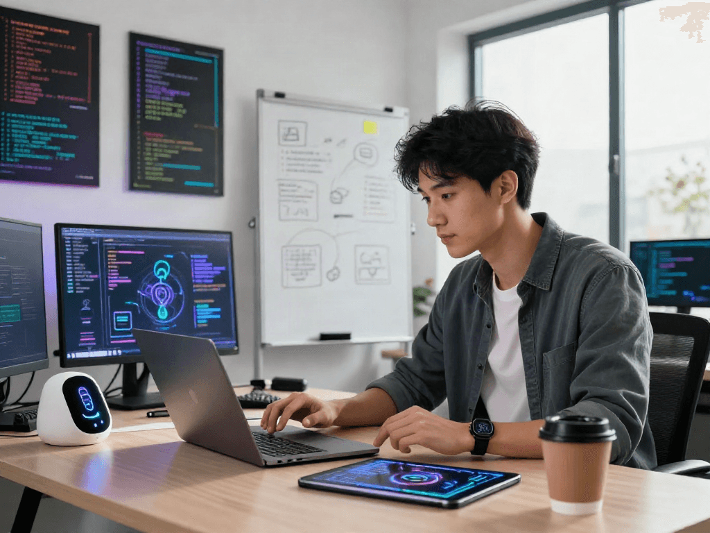 Professional workspace showcasing a young adult utilizing 18+ ai tools, engaging with technology and innovation.