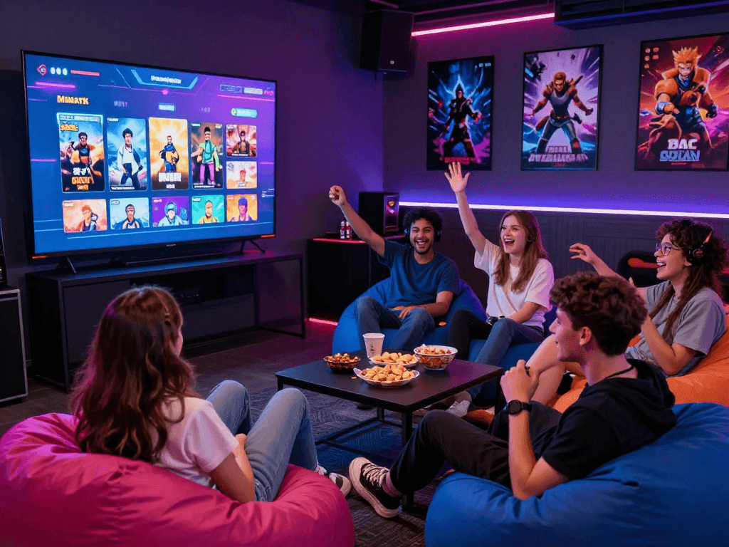 Engaging scene of friends enjoying porn games in a lively gaming lounge.