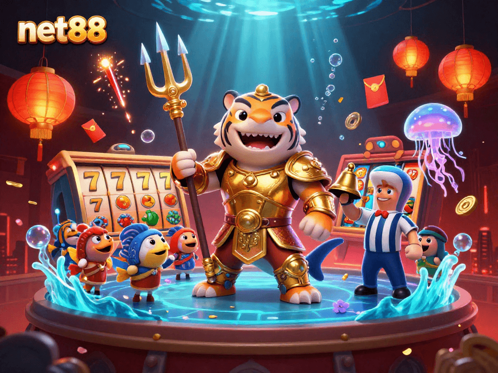Engage in thrilling gameplay with net88's vibrant 3D casino scene featuring dynamic slot elements.