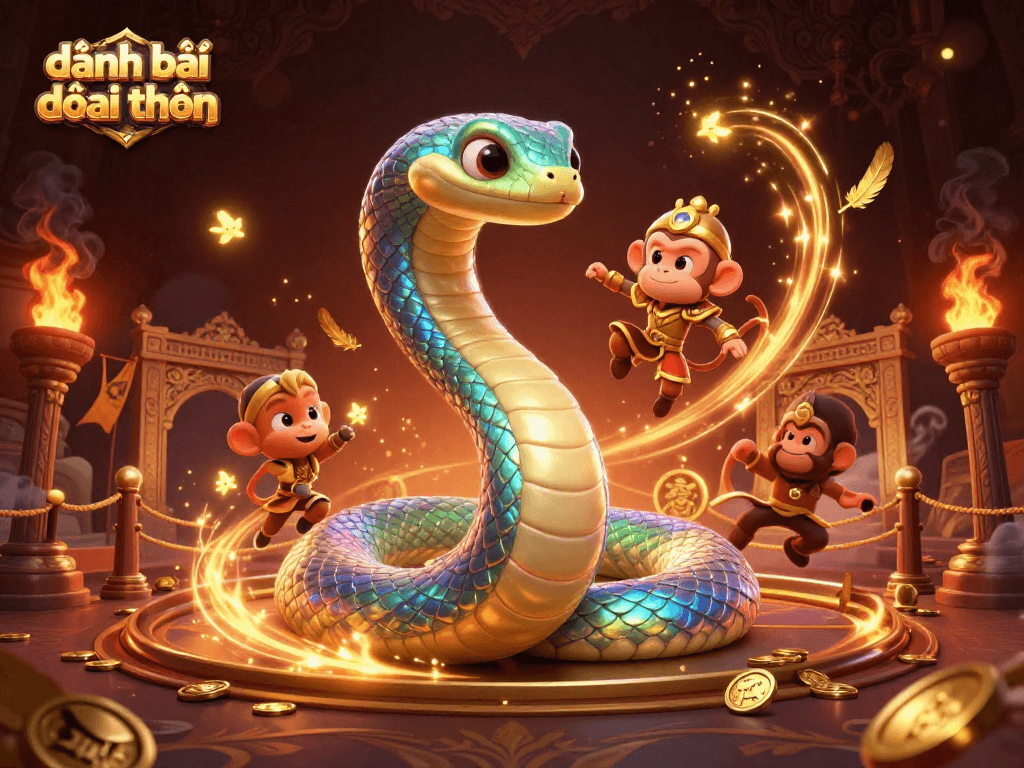 Engage in đánh bài đổi thưởng with vibrant characters in a dynamic casino scene featuring golden elements.