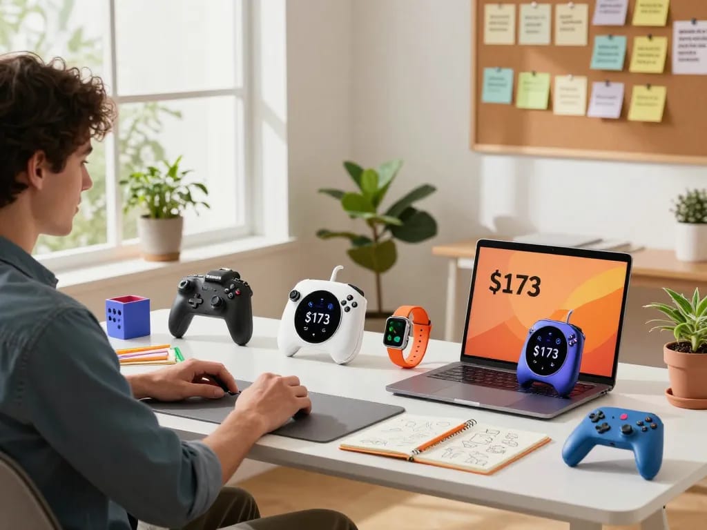 Personal workspace showcasing cool tech gadgets under $173, including Bluetooth controllers and a smartwatch, for a vibrant and productive atmosphere.