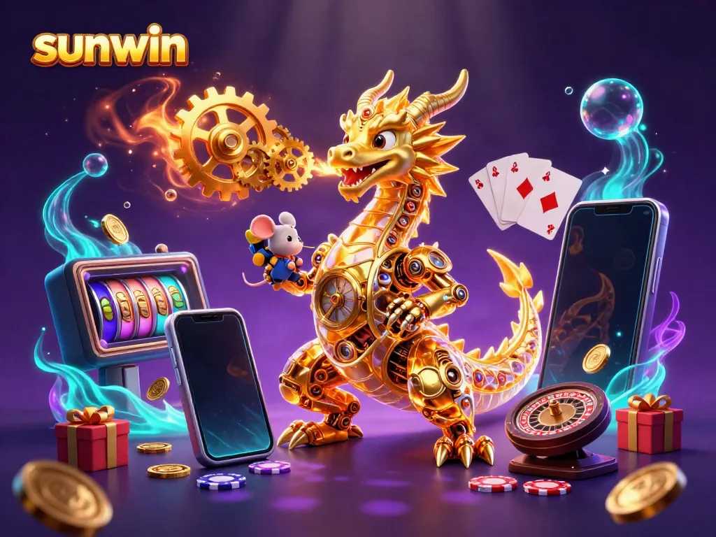 Experience thrilling action with sunwin as a golden dragon releases cogs and gears amidst vibrant casino elements.