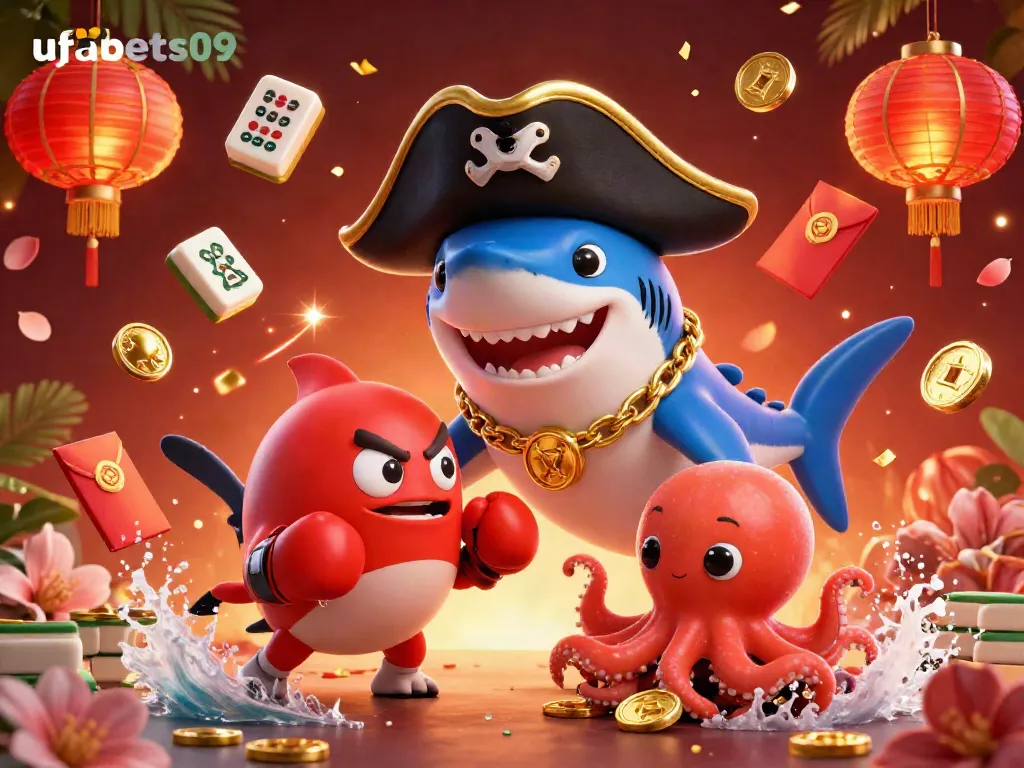Engage with the exciting scene of ufabets09 featuring a playful shark, pufferfish, and an octopus amidst dynamic gaming elements.