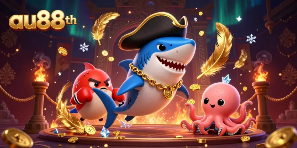 Engage in festive gaming adventure at au88th with a vibrant cartoon scene of charismatic sea creatures.