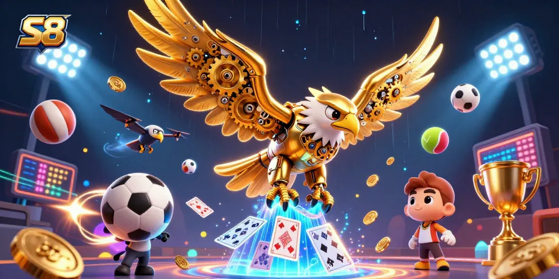 S8 gambling illustration with a cybernetic eagle, sports balls, and betting elements in a dynamic casino scene.