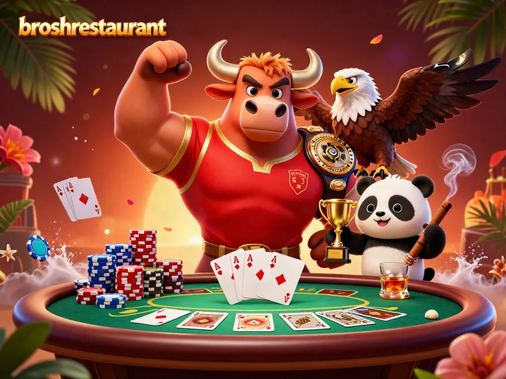 Engage in thrilling poker action at broshrestaurant with colorful chips and vibrant characters.