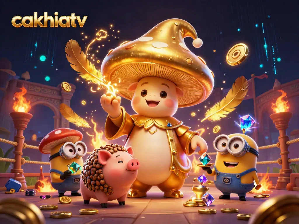 CakhiaTV scene featuring a golden mushroom wizard and treasure-hunting pig in a vibrant sports betting arena.
