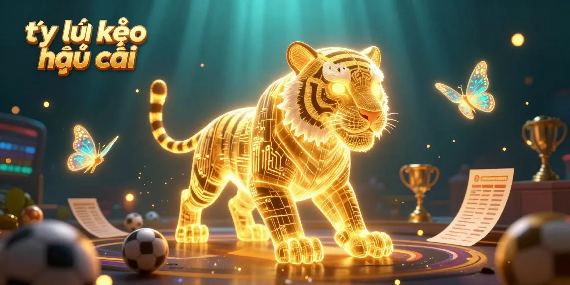 Experience the thrilling tỷ lệ kèo nhà cái scene featuring a golden tiger and digital sports betting elements.
