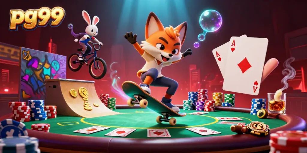 Experience thrilling gameplay at pg99 with a dynamic fox skateboarder and rabbit, set amidst colorful casino elements.