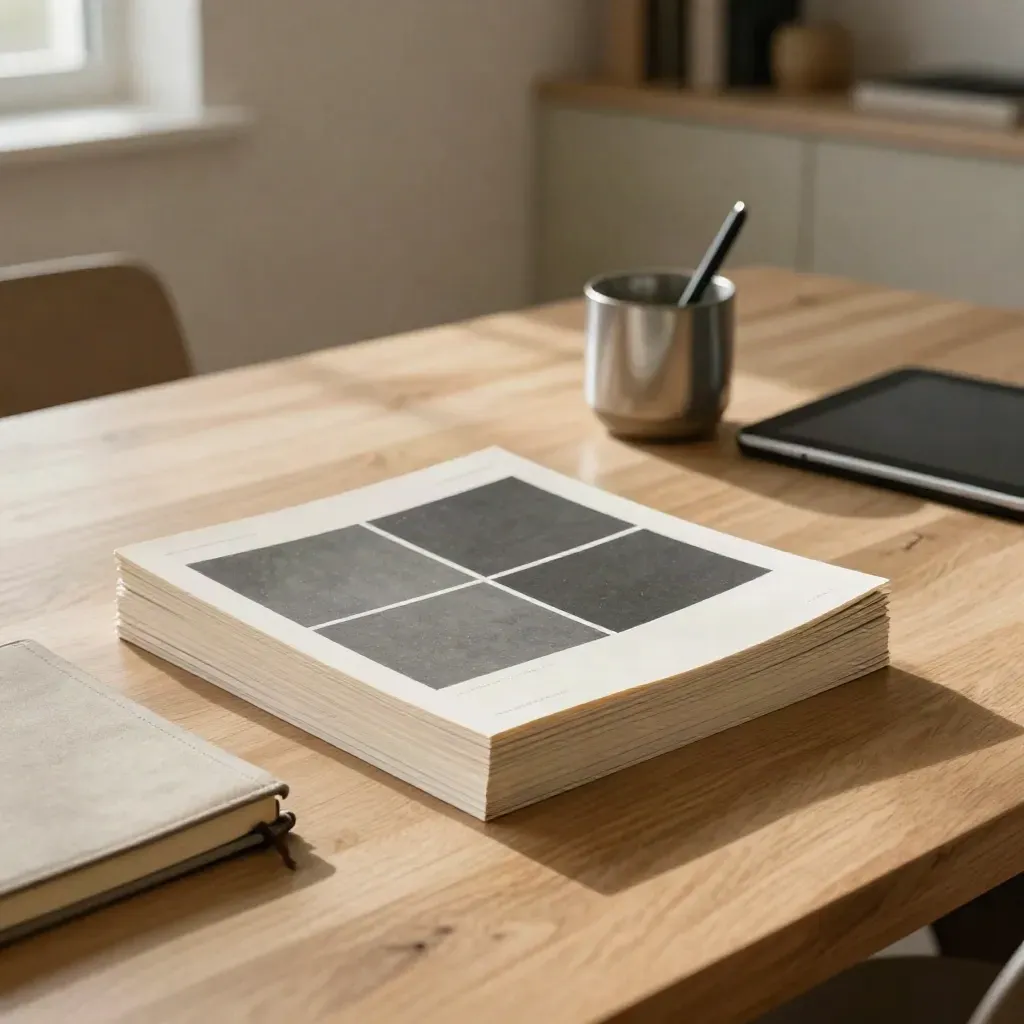 Sunlit SEO page mockups, notebook, pen cup and closed tablet on a warm worktable.