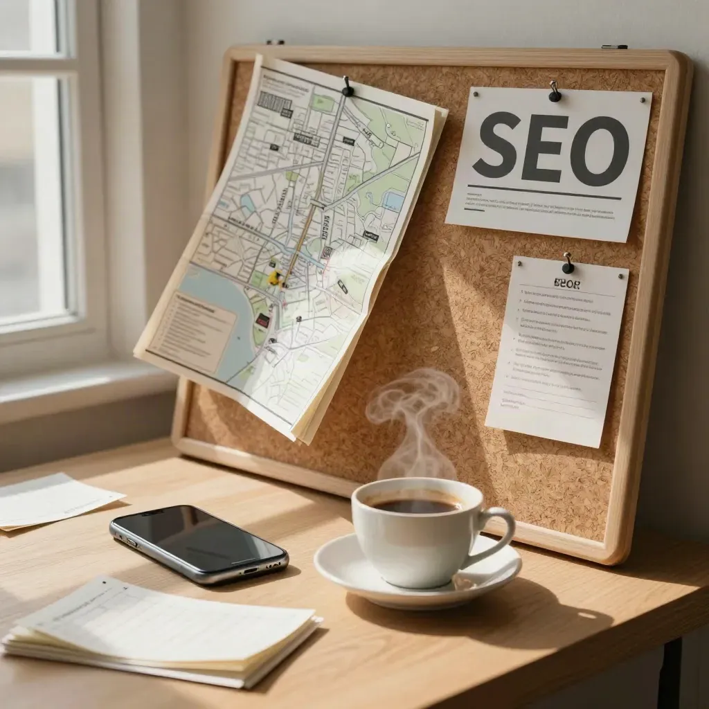 SEO planning board with map, pins, phone and teacup in soft breeze