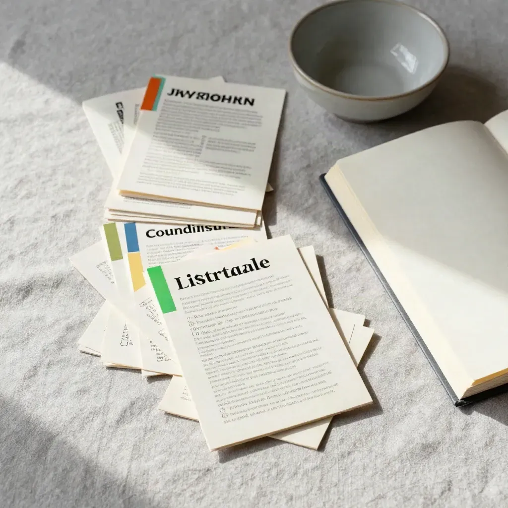 Overhead keyword map cards and notebook spread beside a ceramic bowl on a pale table.