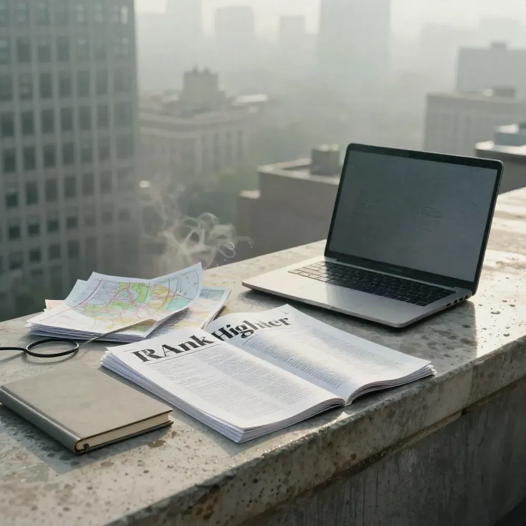 Rainy rooftop SEO planning spread with laptop, maps and audit sheets at dawn.