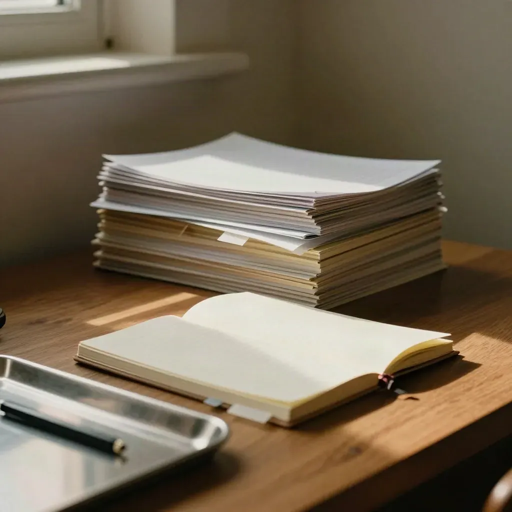 Sunlit page-fix desk with face-down pages, notebook, sticky tabs, and metal tray