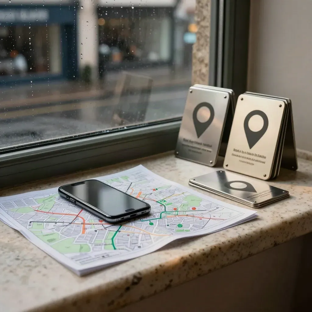 Rainy local SEO planning scene with a phone, borough map, and blurred shop plaques.