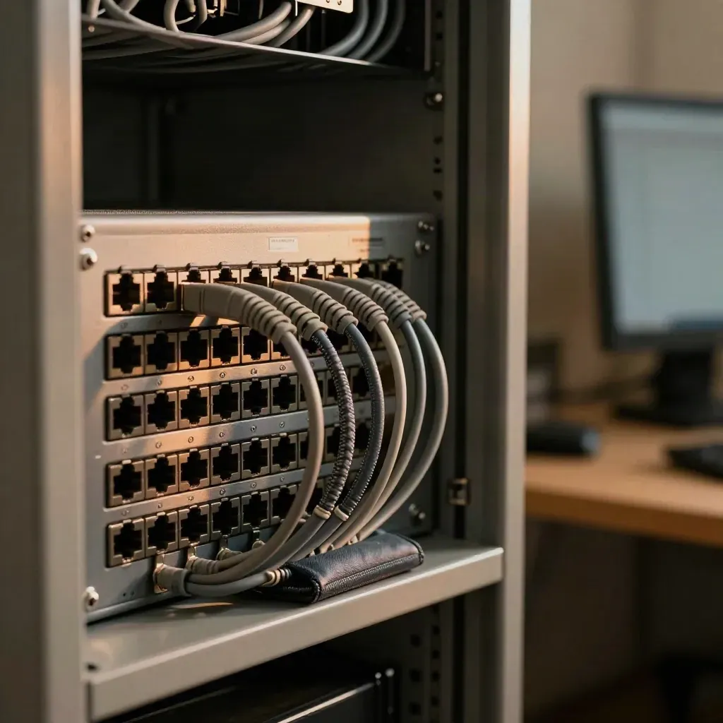 Open network cabinet with patch panel, tidy cables and a tool pouch in warm window light.