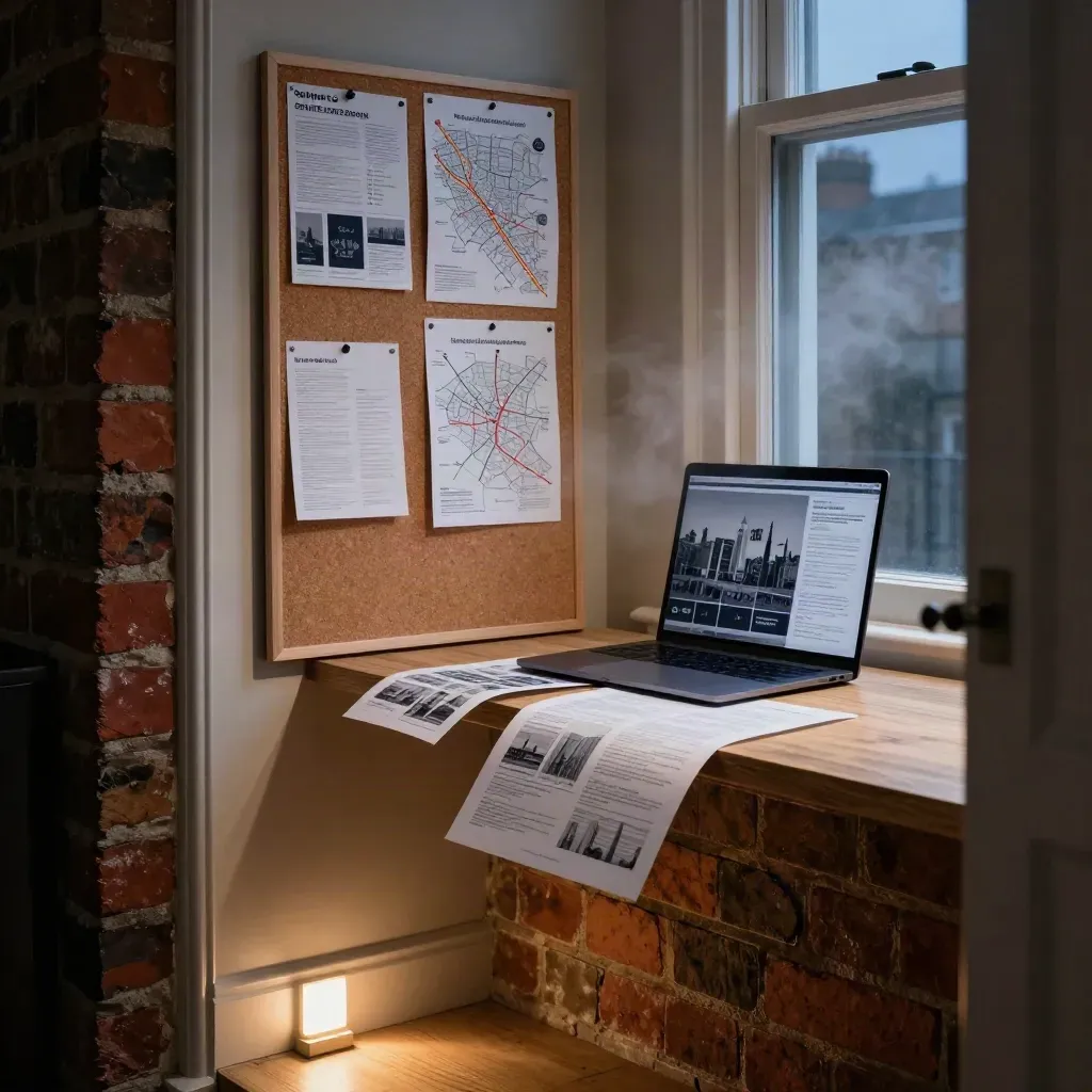 Terrace-brick London planning corner with laptop, pinned borough notes and blue-hour mist.