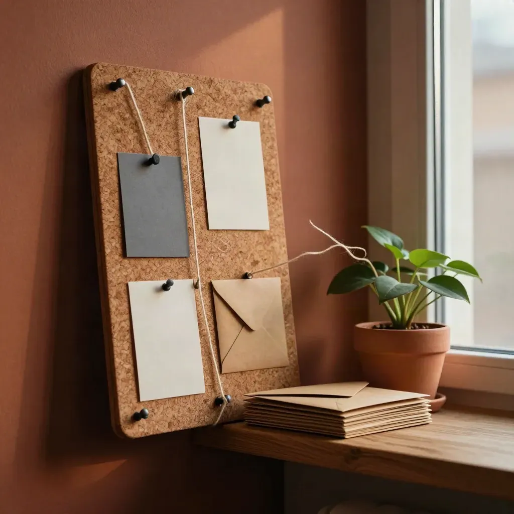 Pinboard with twine links, blank cards, envelopes and a small plant on a ledge.