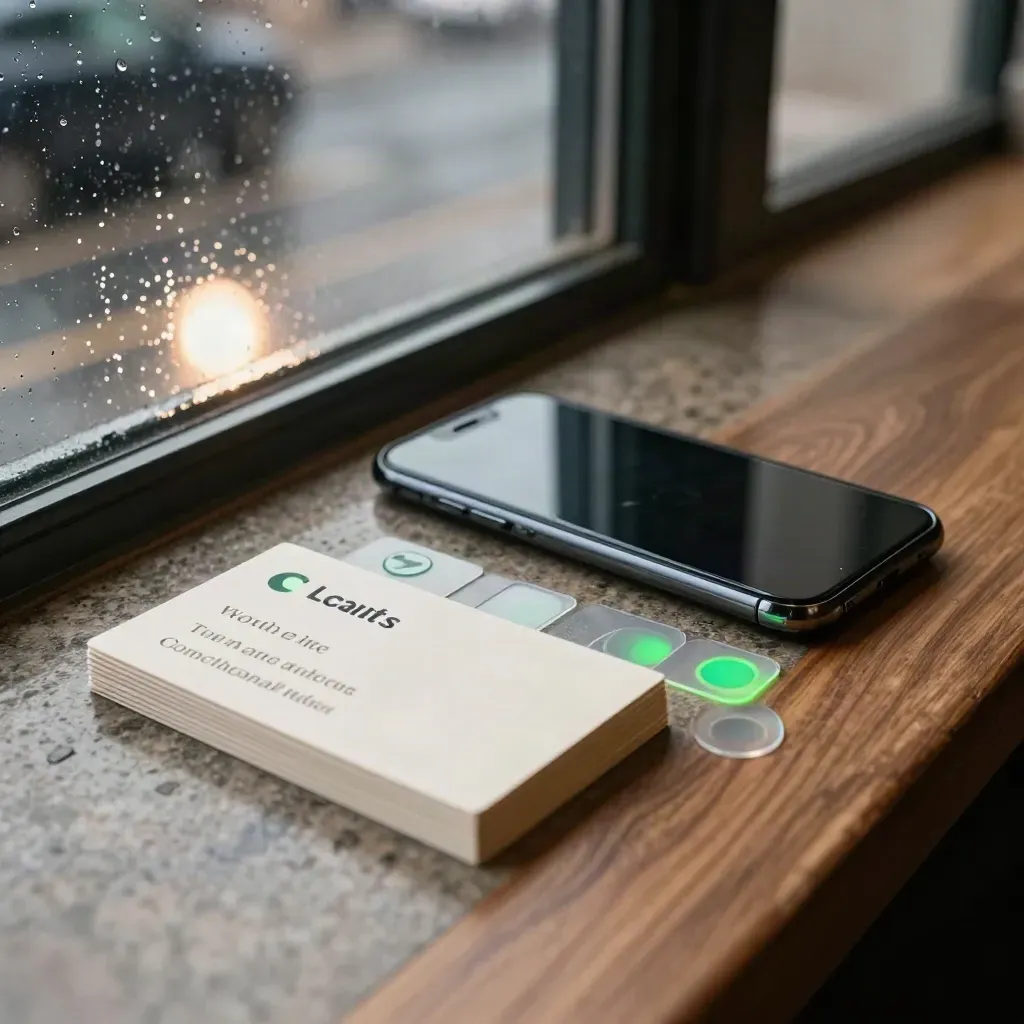 Rain-beaded window counter with phone, address cards and review tokens.