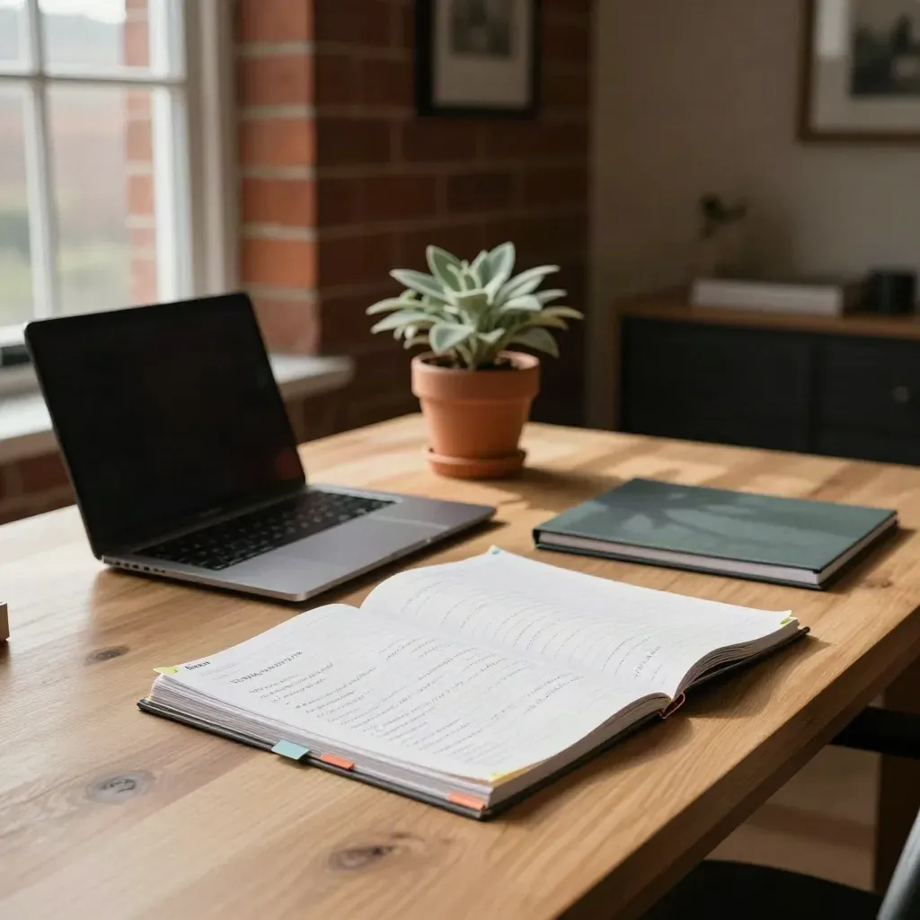 Closed laptop beside SEO notes and a small plant on a sunlit Manchester desk.