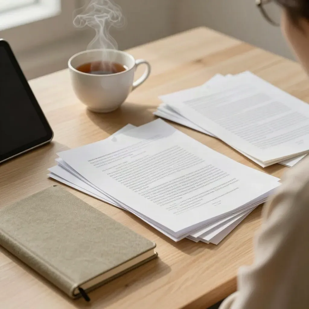 Content brief workspace with tea steam, folded page outlines, notebook and tablet on oak