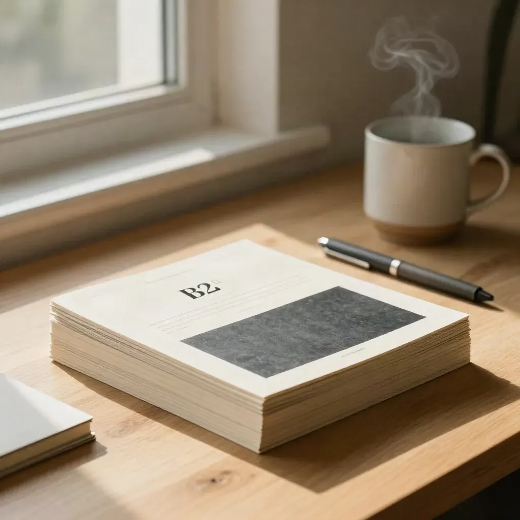 Cozy SEO desk by a bright window with stacked page cards, notebook, mug and pen.