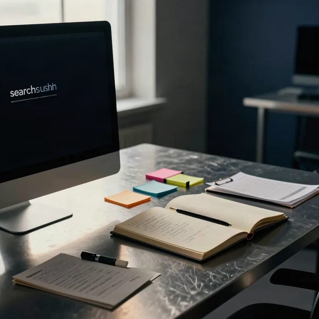 Search Console review setup with turned monitor, sticky markers and notebook on a steel table.