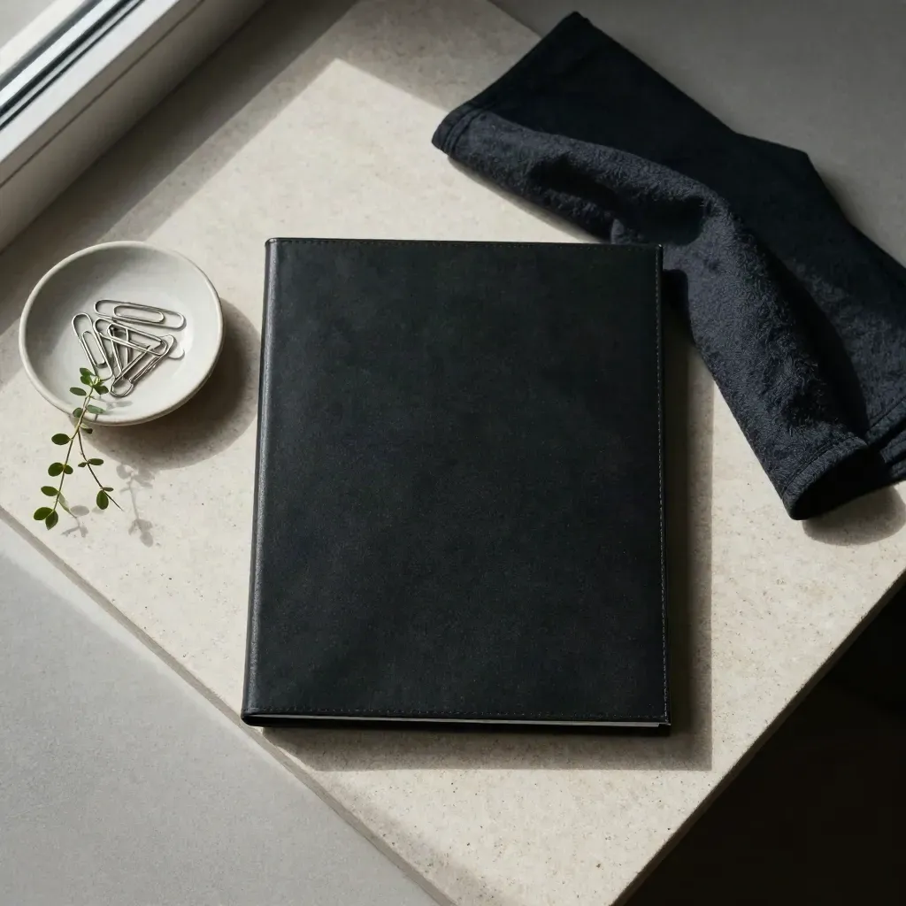 Overhead flatlay of a black audit binder, paper clips and a trailing plant on pale stone.