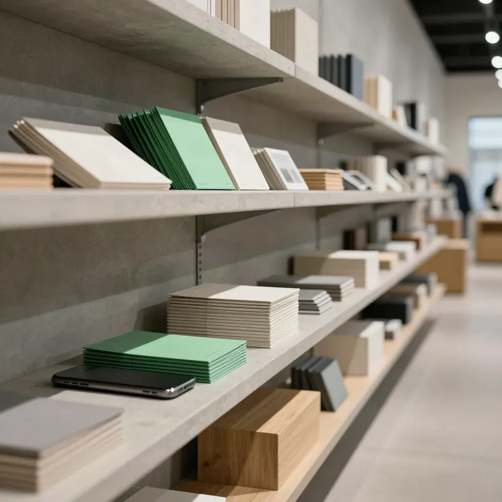 Quiet retail aisle with shelves, a face-down phone, and sample packs on a counter.