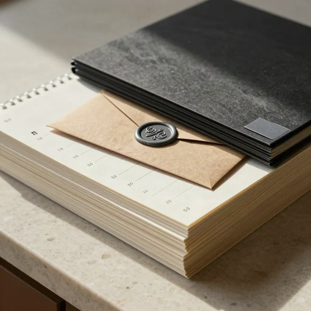 Macro of a rank-report pack with folders, calendar block and sealed envelope on stone.