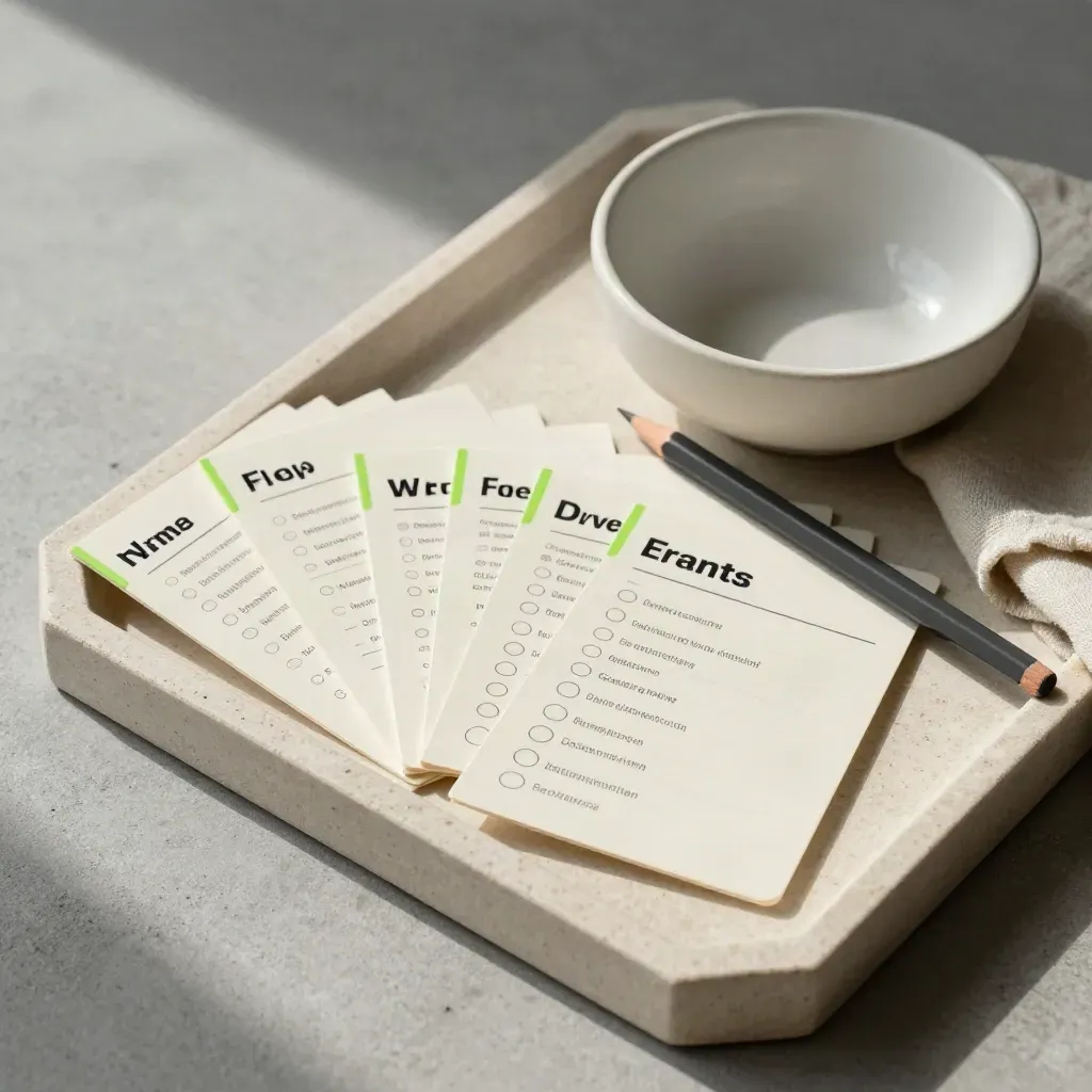 Keyword research cards with pencil and bowl on a stone tray in soft daylight
