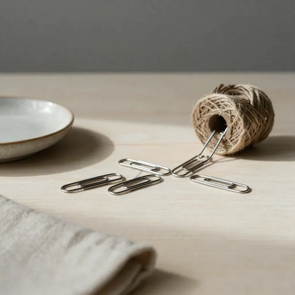 Steel paperclips, twine spool and ceramic dish on pale wood in soft side light.