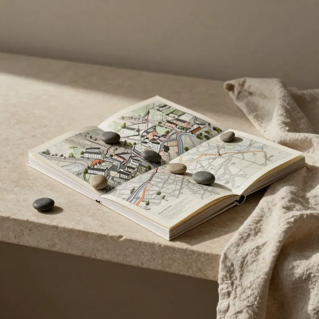 Folded local map booklet with river stones and linen cloth on a limestone shelf.