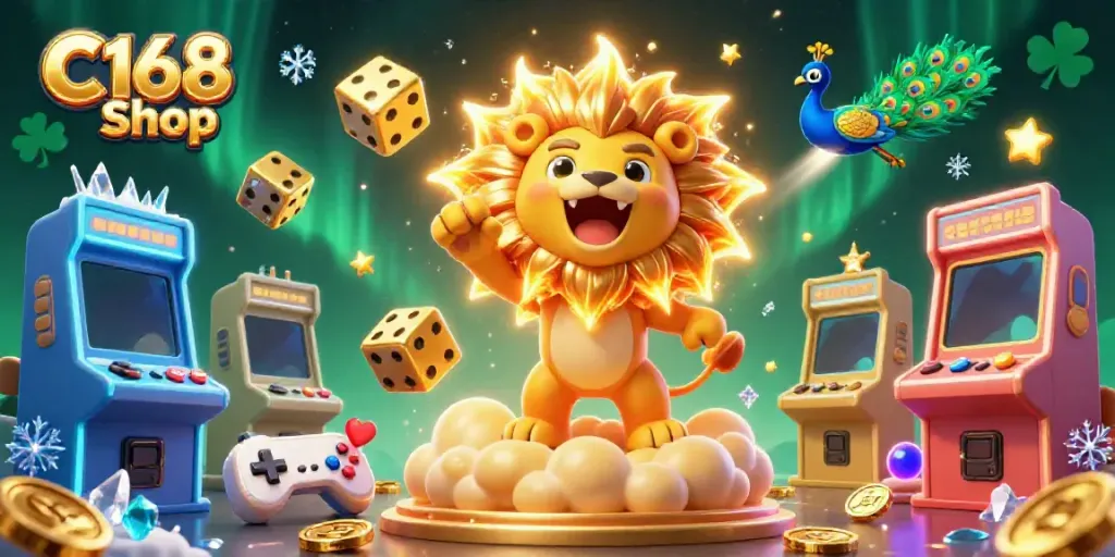 Engage with the vibrant gaming world at C168 Shop, featuring a stunning illustration of a roaring lion and dynamic casino elements.