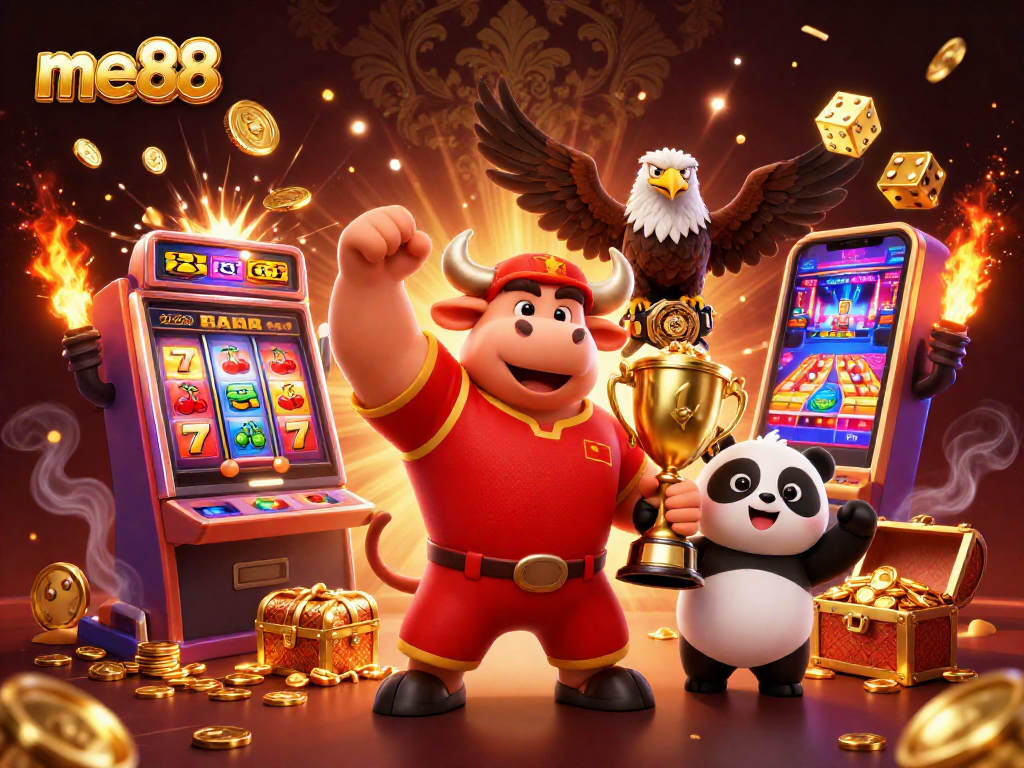 Experience the thrill of me88 with exciting slots as a muscular bull, eagle, and panda celebrate victories!