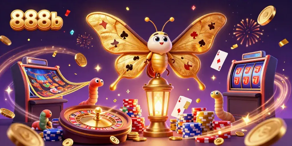 Experience the excitement of 888b with this vibrant 3D casino illustration featuring moths and golden games.