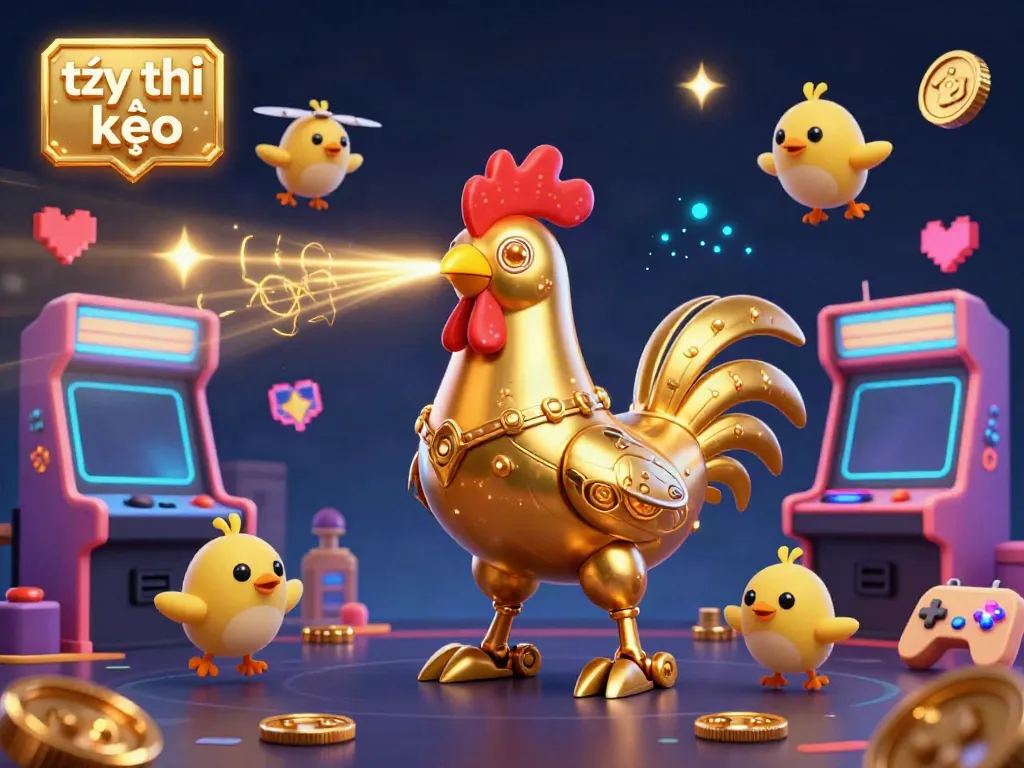 Engaging scene showcasing tỷ lệ kèo with a golden rooster robot and dynamic gaming elements.