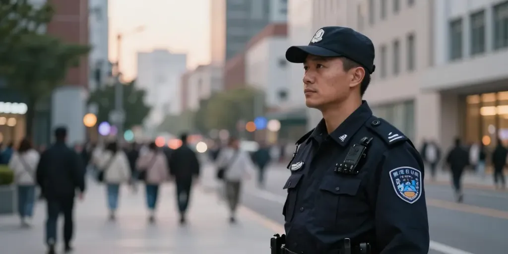 Security Guard providing vigilant protection in an urban area, ensuring community safety with professional presence.