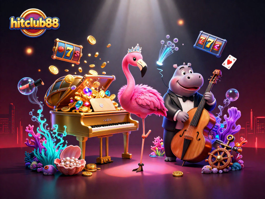 Win big at hitclub88 with this vibrant casino scene featuring a flamingo singer and hippo bassist!