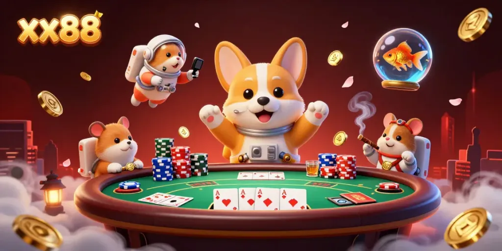 Experience the adventure of xx88 at a zero-gravity casino with vibrant characters and casino elements.