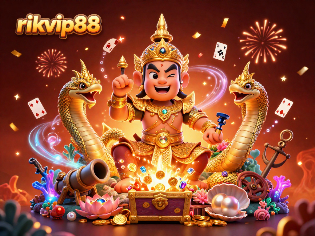 Experience thrilling gaming action with rikvip88 in this vibrant 3D illustration featuring unique casino elements.