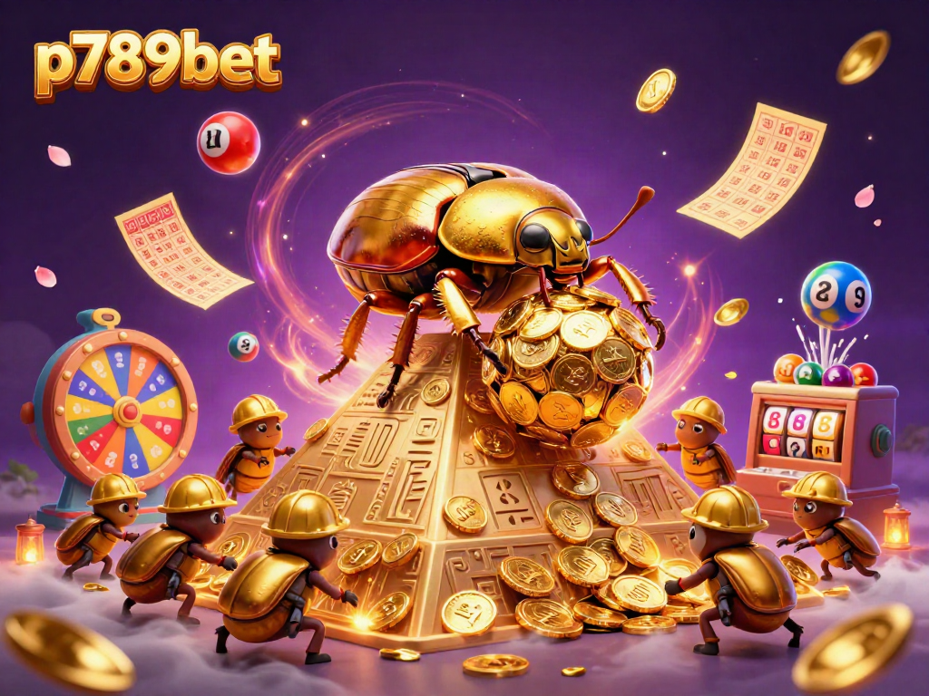 Experience thrilling fun with p789bet as a golden beetle and friends navigate casino symbols.
