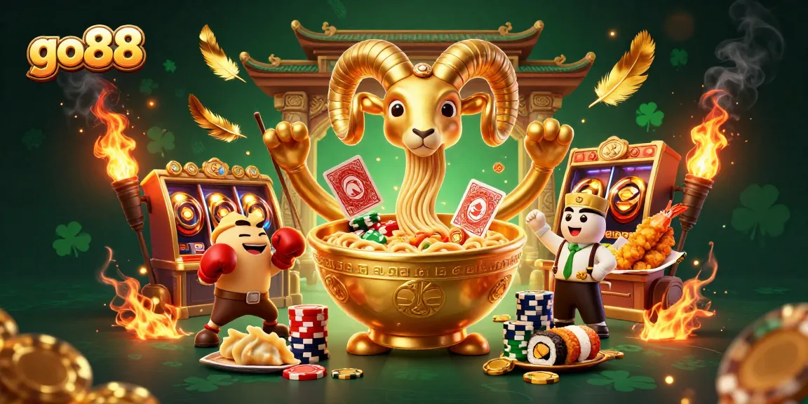 Engage with go88 in a lively casino scene featuring a giant ramen bowl dealer and gyoza sidekick.